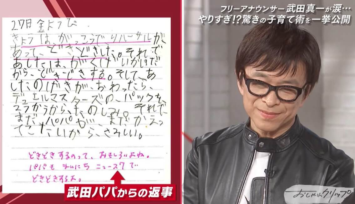 「おしゃれクリック」に出演した際に紹介された武田真一アナウンサーと交換日記の内容の画像